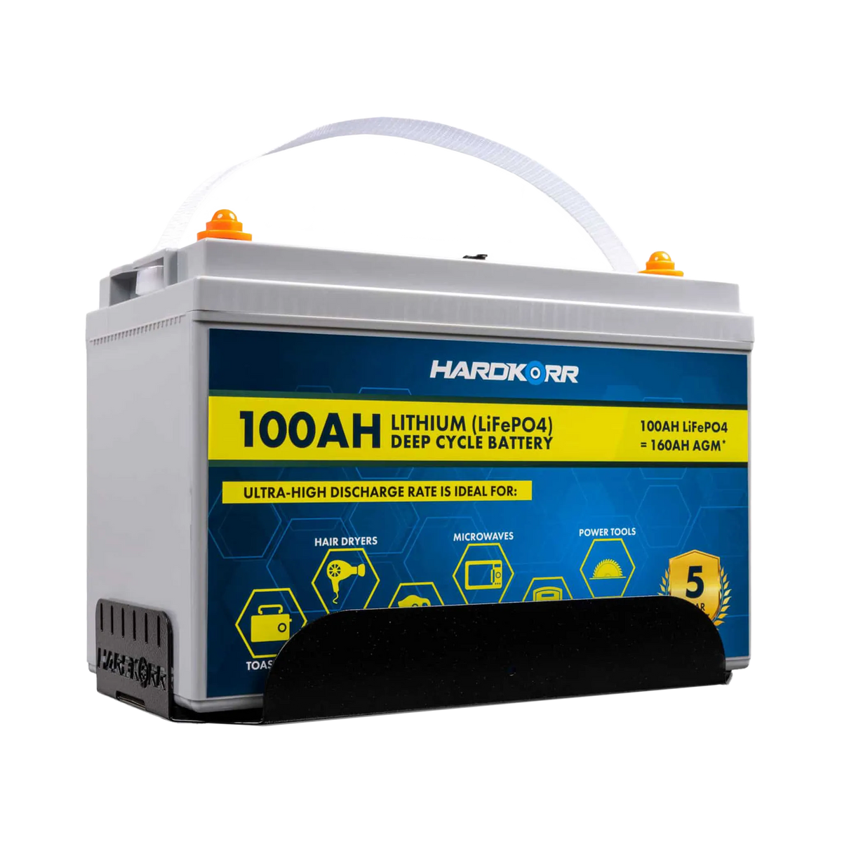 Hardkorr 100Ah lithium battery fitted in the tray with the carrying handle raised.