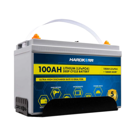 Hardkorr 100Ah lithium battery fitted in the tray with the carrying handle raised.