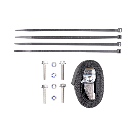 Hardkorr 100Ah lithium battery tray fitting kit with cable ties, bolts, washers and a tie down strap.