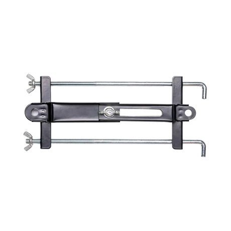 Hardkorr 100Ah lithium battery tray clamp assembly with threaded rods, wing nuts and brackets.