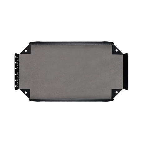 Hardkorr 100Ah lithium battery tray top view showing the carpeted base and mounting flanges.