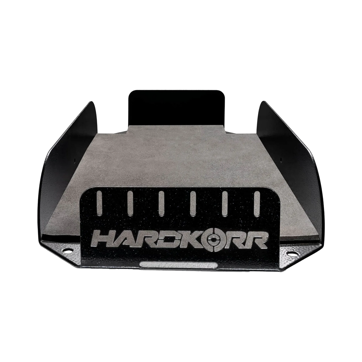 Hardkorr 100Ah lithium battery tray straight front view showing the slotted panel and cutout logo.