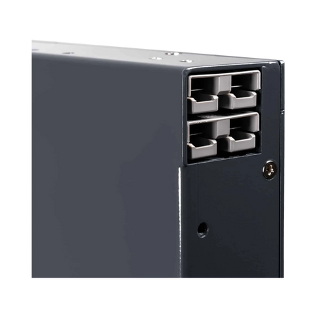 Hardkorr 105Ah 12V slimline lithium battery end close up with two Anderson connectors.