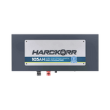 Hardkorr 105Ah 12V slimline lithium battery front view with lower terminals and specifications label.