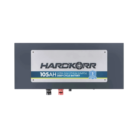 Hardkorr 105Ah 12V slimline lithium battery front view with lower terminals and specifications label.