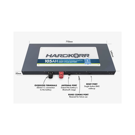 Hardkorr 105Ah 12V slimline lithium battery dimensions diagram with labelled terminals and ports.
