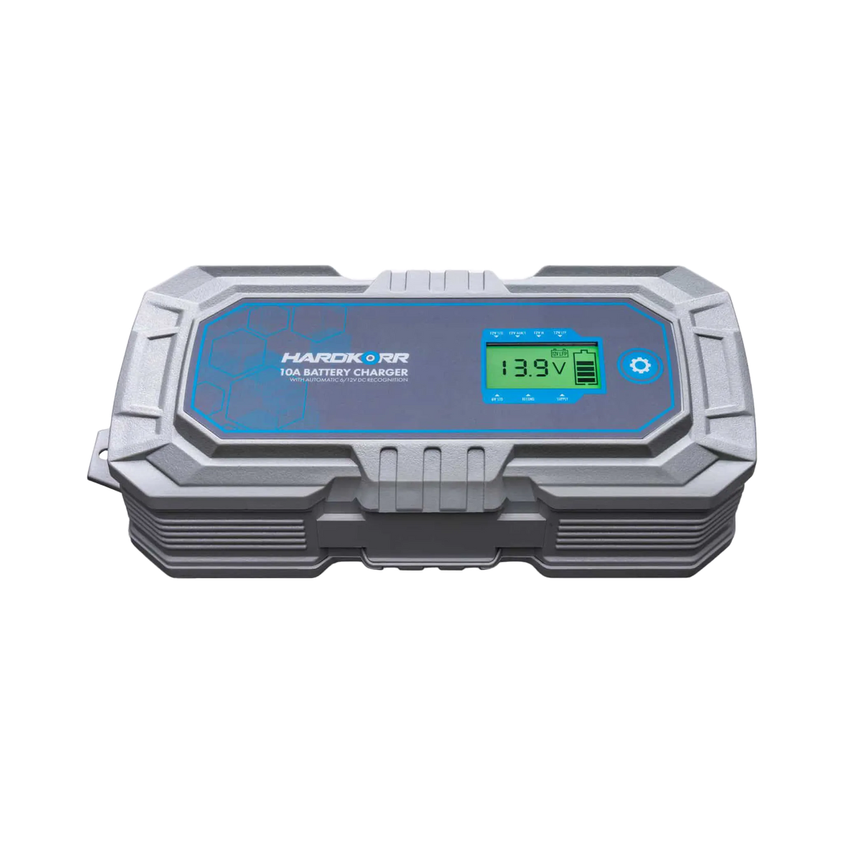 Hardkorr 10A 240V AC battery charger low front view with LCD screen and ribbed casing.
