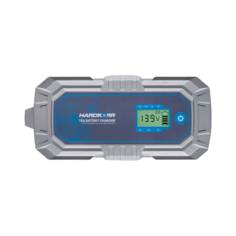 Hardkorr 10A 240V AC battery charger straight top view with LCD screen and blue button.