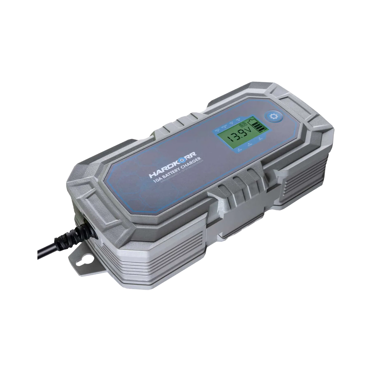 Hardkorr 10A 240V AC battery charger angled top view with LCD screen and attached cable.