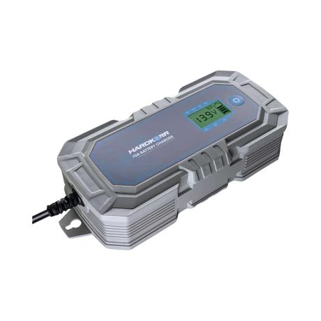 Hardkorr 10A 240V AC battery charger angled top view with LCD screen and attached cable.