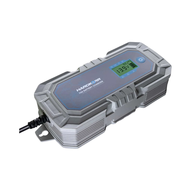 Hardkorr 10A 240V AC battery charger angled top view with LCD screen and attached cable.