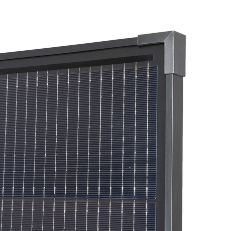 Hardkorr 120W fixed glass solar panel close frame corner view.
