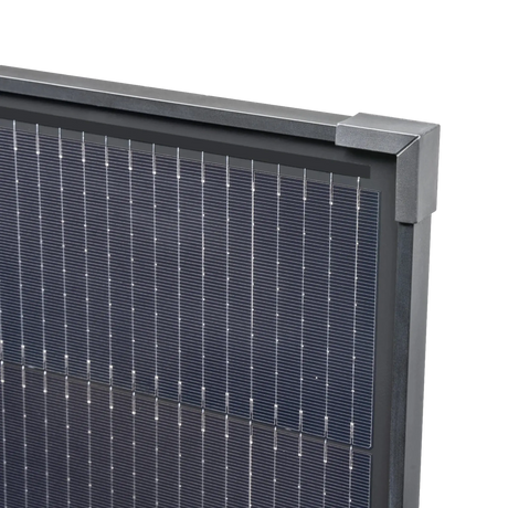 Hardkorr 120W fixed glass solar panel upper frame corner detail.