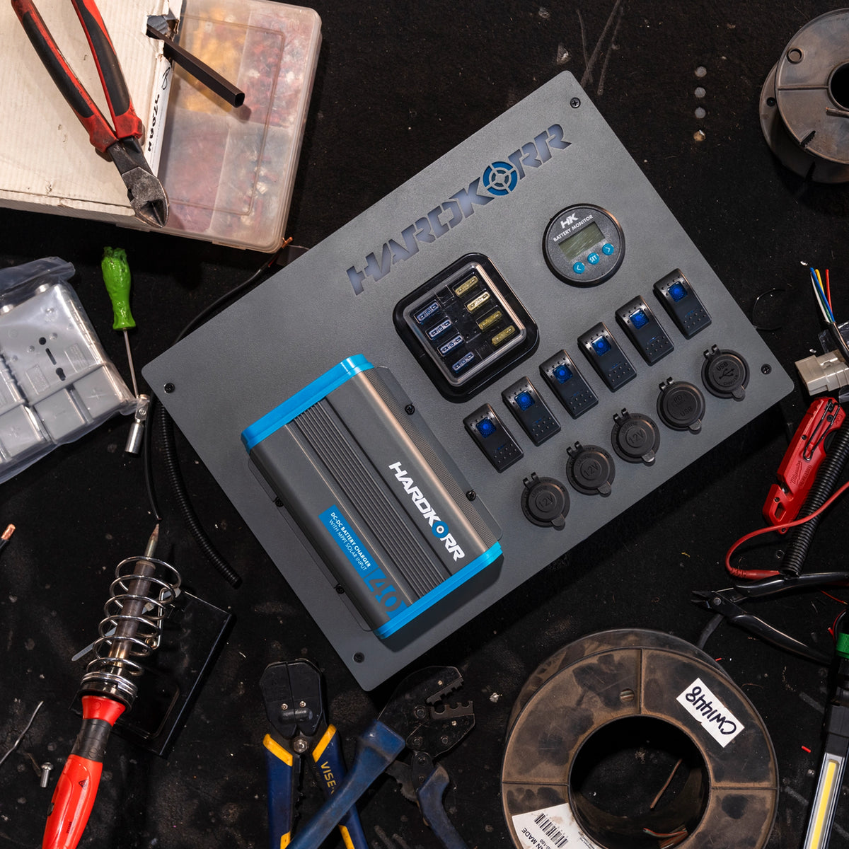 hardkorr-12v-control-hub-w-25a-dcdc-charger-on-bench