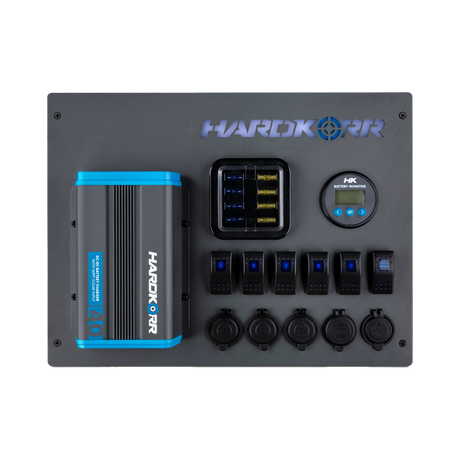 Hardkorr 12V control hub with 40A DCDC charger viewed from the front.