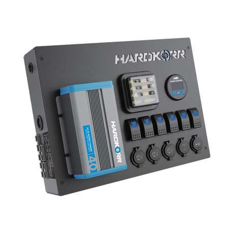 Hardkorr 12V control hub with 40A DCDC charger viewed from the front and side.