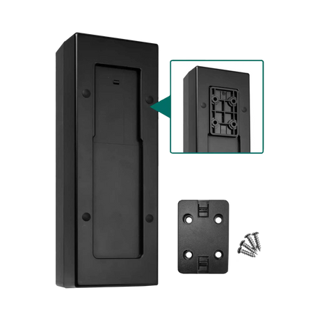 Large Hardkorr 12V DC power distribution box rear view with mounting plate, screws and an attachment slot inset.