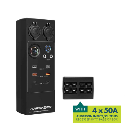 Large Hardkorr 12V DC power distribution box angled view with an inset of its four 50A Anderson ports.