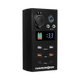 Small Hardkorr 12V DC power distribution box front view with a battery level display, USB ports and covered socket.