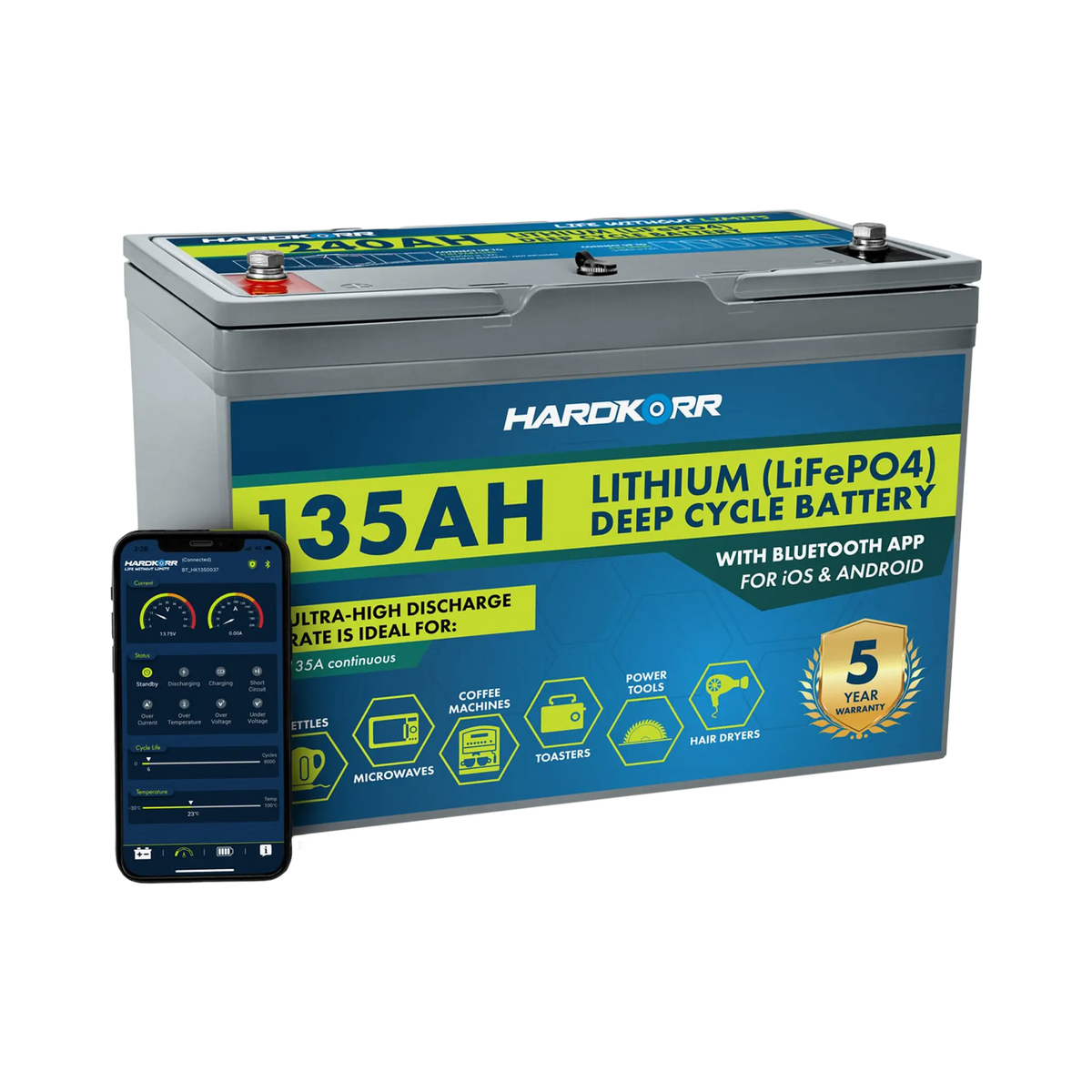 Hardkorr 135Ah 12V lithium battery beside a phone displaying the Bluetooth monitoring app.