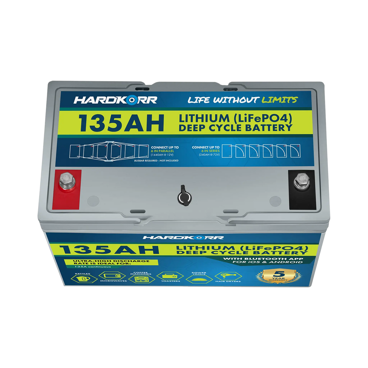 Hardkorr 135Ah 12V lithium battery top view with positive and negative terminals and a labelled lid.