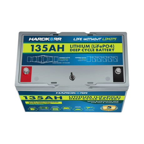 Hardkorr 135Ah 12V lithium battery top view with positive and negative terminals and a labelled lid.