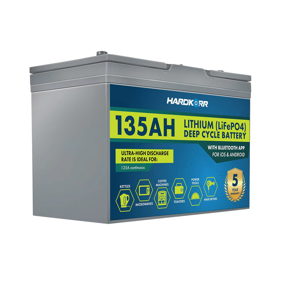 Hardkorr 135Ah 12V lithium battery front left view with a plain grey side and blue and yellow front label.
