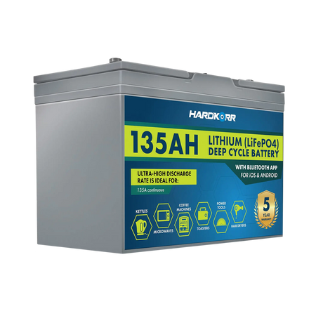 Hardkorr 135Ah 12V lithium battery front left view with a plain grey side and blue and yellow front label.