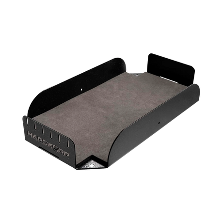 Hardkorr 135Ah lithium battery tray angled view showing the carpeted base, side walls and front retaining panel.