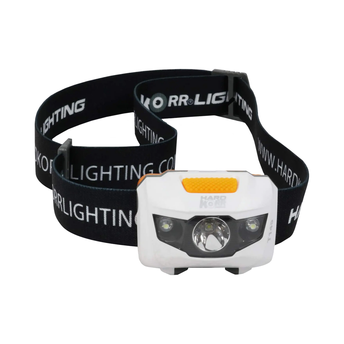 Hardkorr 145 lumen headtorch front view with a central reflector, two smaller lights and orange top button.