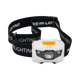 Hardkorr 145 lumen headtorch front view with a central reflector, two smaller lights and orange top button.