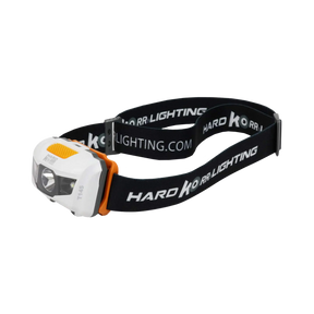 Hardkorr 145 lumen headtorch in an angled view with a white housing, orange button and black headband.