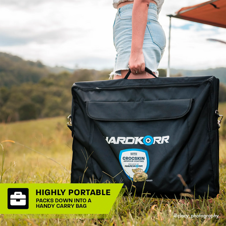 Hardkorr 150W 12V portable solar mat packed in its black carry bag and held by the top handle.
