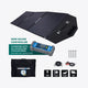 Hardkorr 150W 12V portable solar mat kit diagram with a regulator close up and product specifications icons.