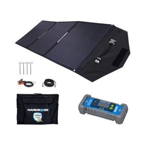 Hardkorr 150W 12V portable solar mat kit with regulator, carry bag, pegs and positive and negative battery clamps.
