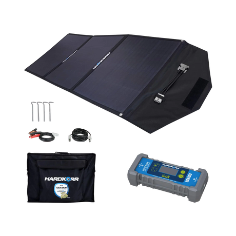 Hardkorr 150W 12V portable solar mat kit with regulator, carry bag, pegs and positive and negative battery clamps.