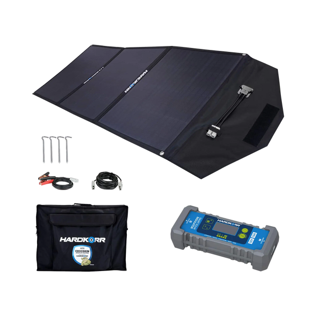 Hardkorr 150W 12V portable solar mat kit with regulator, carry bag, pegs and positive and negative battery clamps.