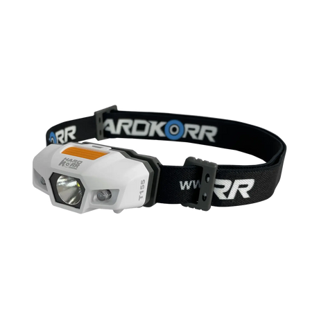 Hardkorr 155 lumen slimline headtorch in an angled view with white housing and a black headband.