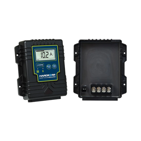 Hardkorr 15A waterproof PWM smart solar regulator front and back views with the rear screw terminals visible.
