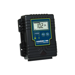 Hardkorr 15A waterproof PWM smart solar regulator front angled view with an LCD screen and two buttons.