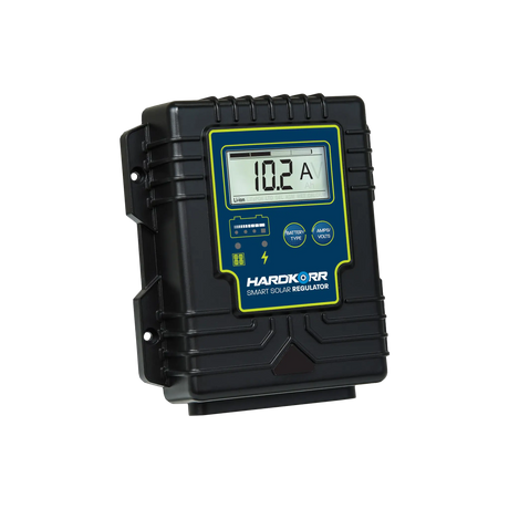 Hardkorr 15A waterproof PWM smart solar regulator front angled view with an LCD screen and two buttons.