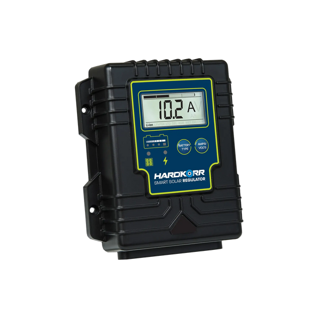 Hardkorr 15A waterproof PWM smart solar regulator front angled view with an LCD screen and two buttons.