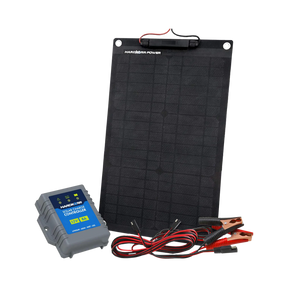 Hardkorr 15W 12V solar panel trickle charger kit with a regulator and positive and negative battery clamps.