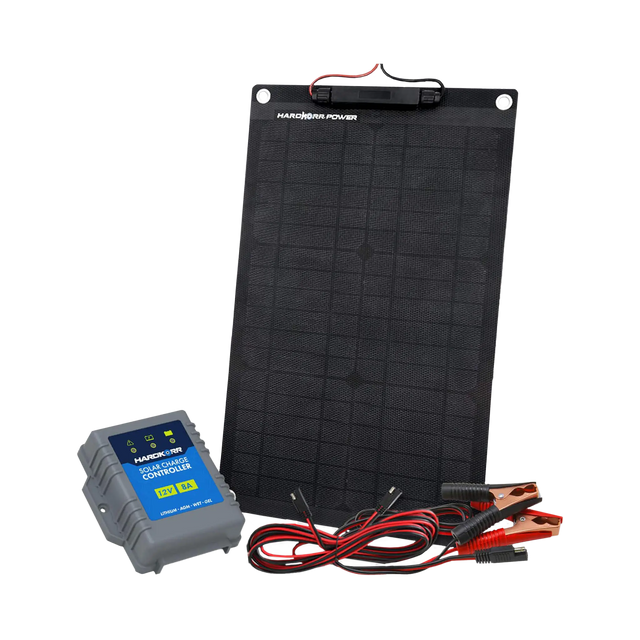 Hardkorr 15W 12V solar panel trickle charger kit with a regulator and positive and negative battery clamps.