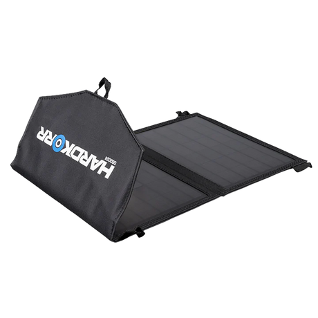 Hardkorr 15W dual USB solar device charger v2 side view with its branded end flap raised above the solar cells.