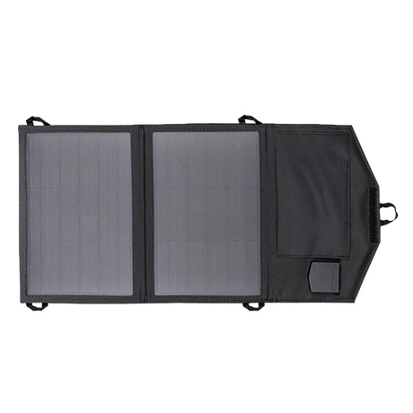 Hardkorr 15W dual USB solar device charger v2 laid flat in a top view with solar cells and the open end flap.