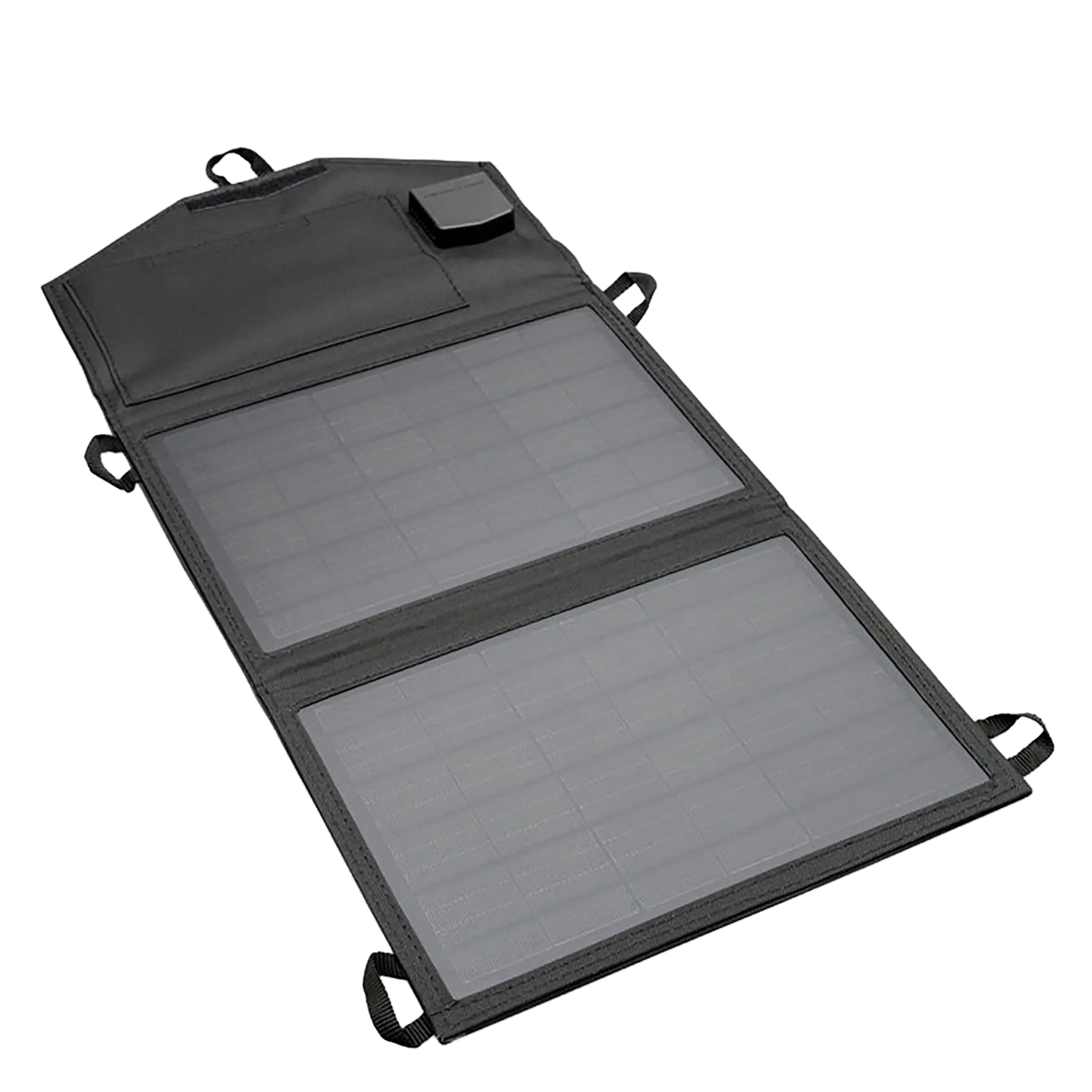 Hardkorr 15W dual USB solar device charger v2 open in an angled view with two panels of solar cells and hanging loops.