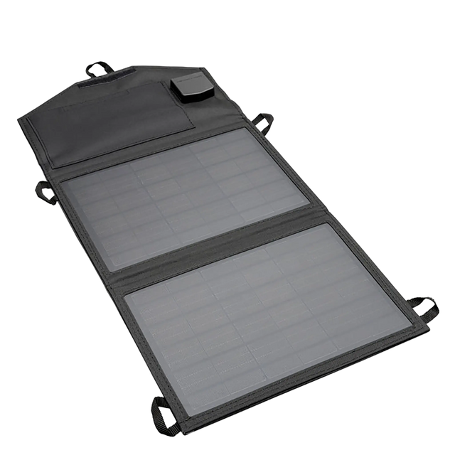 Hardkorr 15W dual USB solar device charger v2 open in an angled view with two panels of solar cells and hanging loops.