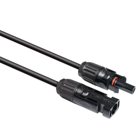 Hardkorr 170W 12V fixed glass solar panel MC4 cable connectors in close up with locking tabs and a sealing ring.