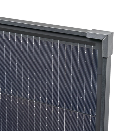 Hardkorr 170W 12V fixed glass solar panel corner close up with the frame joint, corner cap and solar cells.